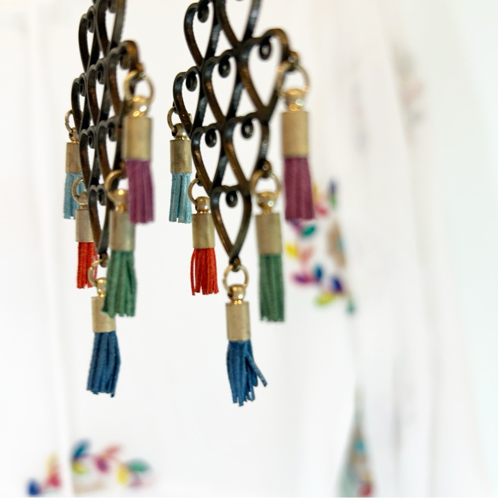 ♥️ HEART Chandelier Colorful Earrings With Mini Tassles - Picture 4 of 7